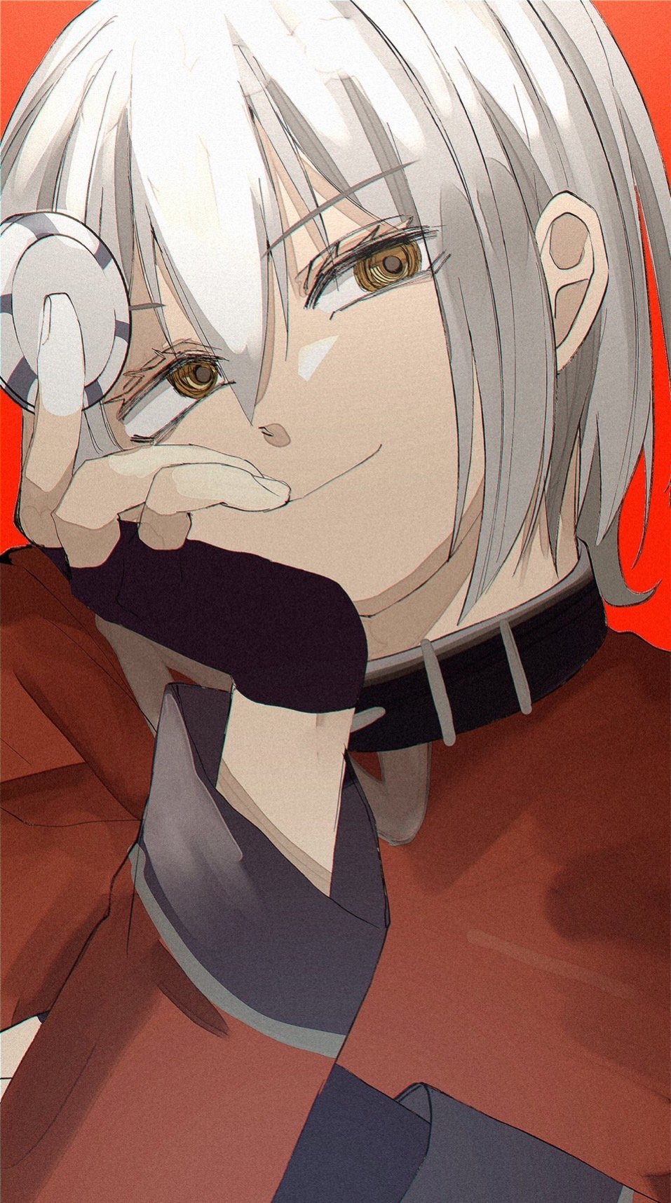 1boy, 408_zzz, black_gloves, brown_eyes, dino_medal, fingerless_gloves, fossil_fighters, fossil_fighters_champions, gloves, highres, holding, jacket, looking_at_viewer, red_background, red_jacket, rupert_(fossil_fighters), simple_background, solo, white_hair