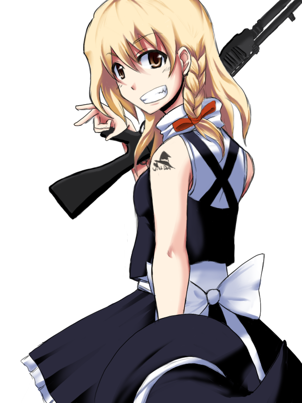 blonde_hair, braid, face, grin, gun, hat, hat_removed, headwear_removed