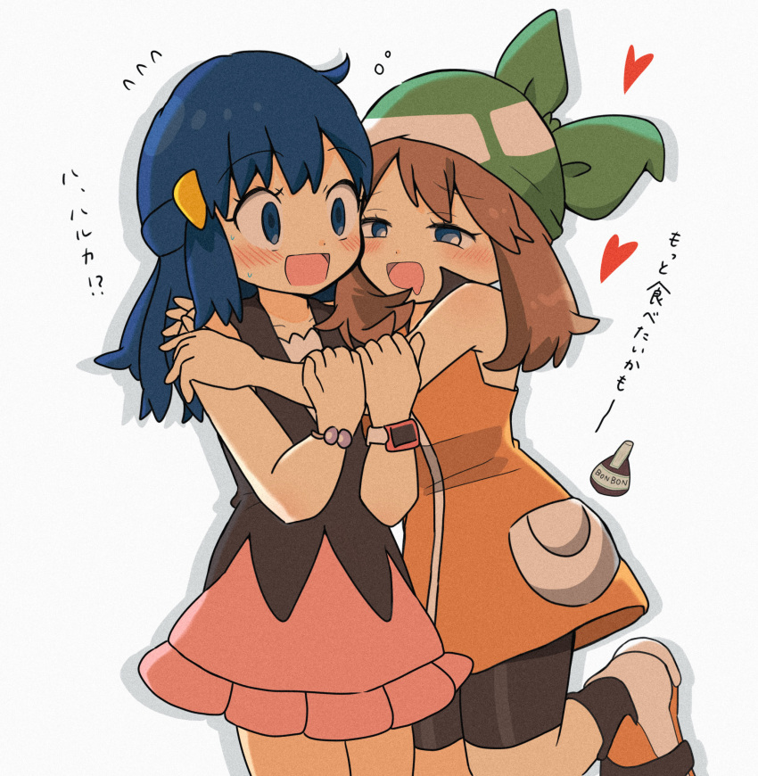 2girls, bandana, bike_shorts, black_shirt, black_shorts, blue_eyes, blue_hair, blush