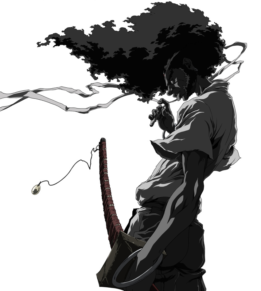 afro_samurai, afro_samurai_(character), cigarette, highres, katana, male, monochrome, smoking