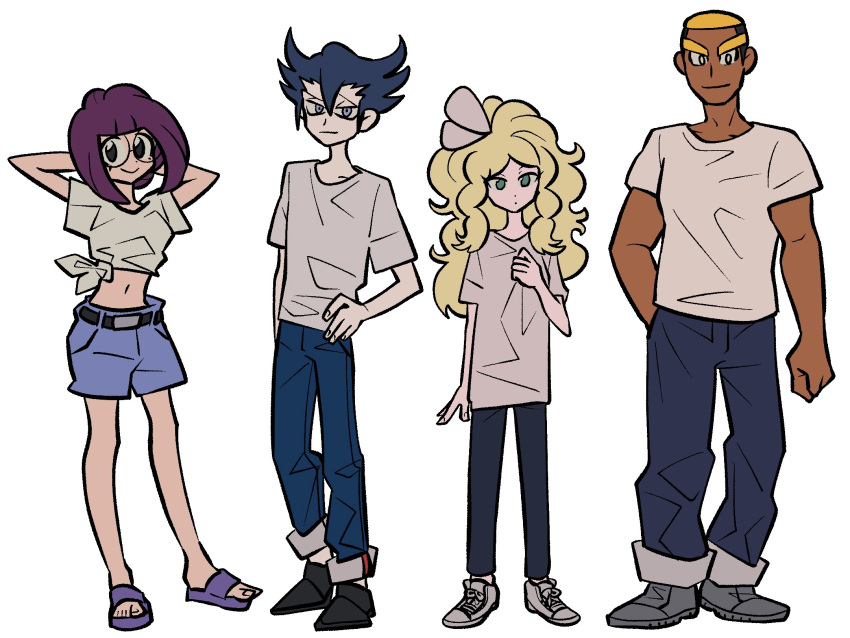 2boys, 2girls, alternate_costume, arms_behind_head, belt, black_belt, black_eyes, black_hair