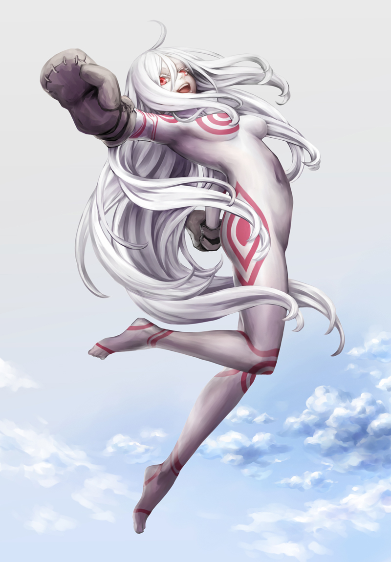 ahoge, albino, bodysuit, cloud, clouds, deadman_wonderland, gloves, long_hair, mittens, nabe_(crow's_head), nabe_(crow's_head), open_mouth, red_eyes, shiro_(deadman_wonderland), skin_tight, smile, solo, very_long_hair, white_hair