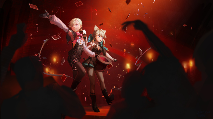 2girls, absurdres, animal, armpits, blonde_hair, boots, bow, bowtie, breasts, card, crowd, dress, flat_chest, genshin_impact, gloves, hat, highres, holding, holding_card, idolmaster, idolmaster_cinderella_girls, idolmaster_cinderella_girls_starlight_stage, long_hair, lynette_(genshin_impact), lyney_(genshin_impact), medium_breasts, multiple_girls, open_mouth, pink_eyes, stalin_(artist), theatrical_performance, top_hat, violet_eyes