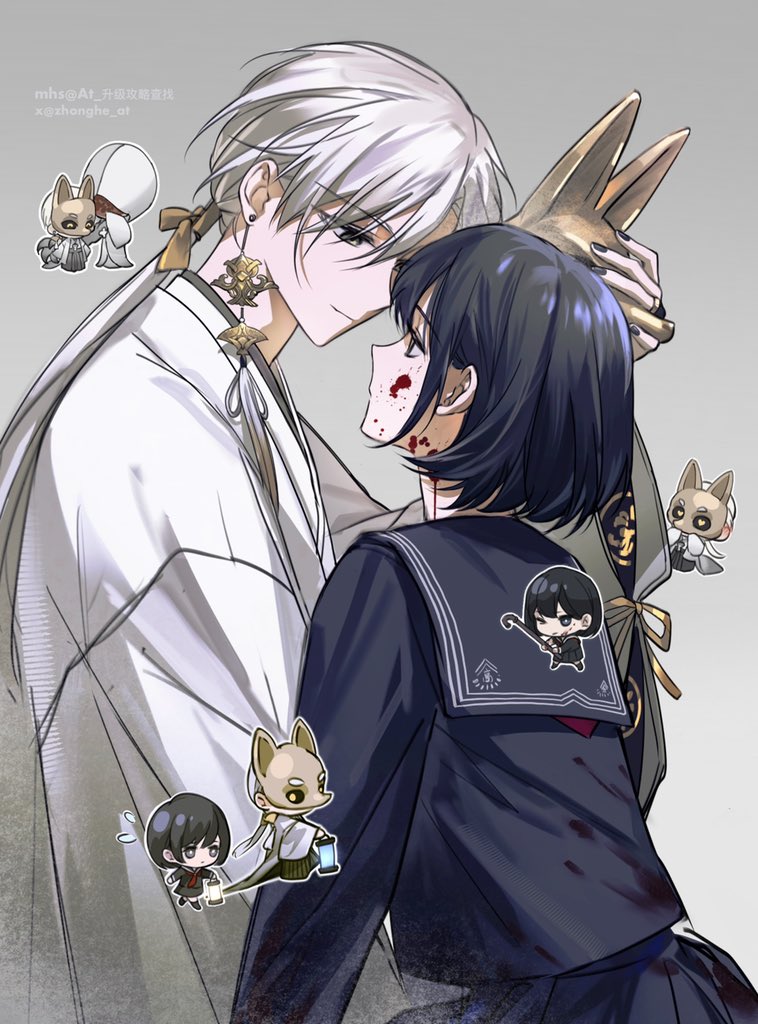 1boy, 1girl, black_hair, black_nails, black_sailor_collar, black_sclera, black_serafuku, black_shirt