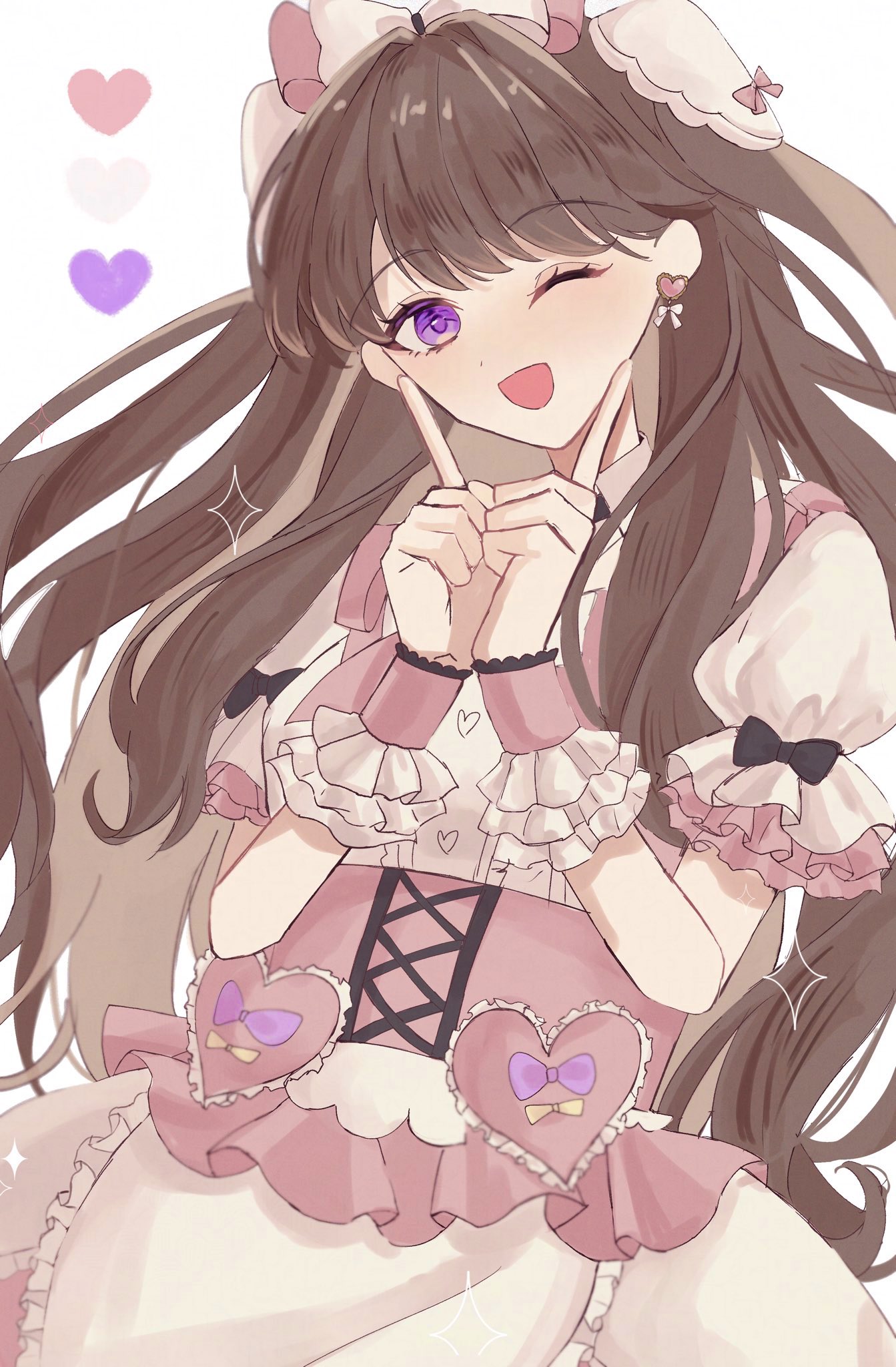 1girl, ;d, bow, brown_hair, commentary_request, cross-laced_clothes, cross-laced_dress, dress