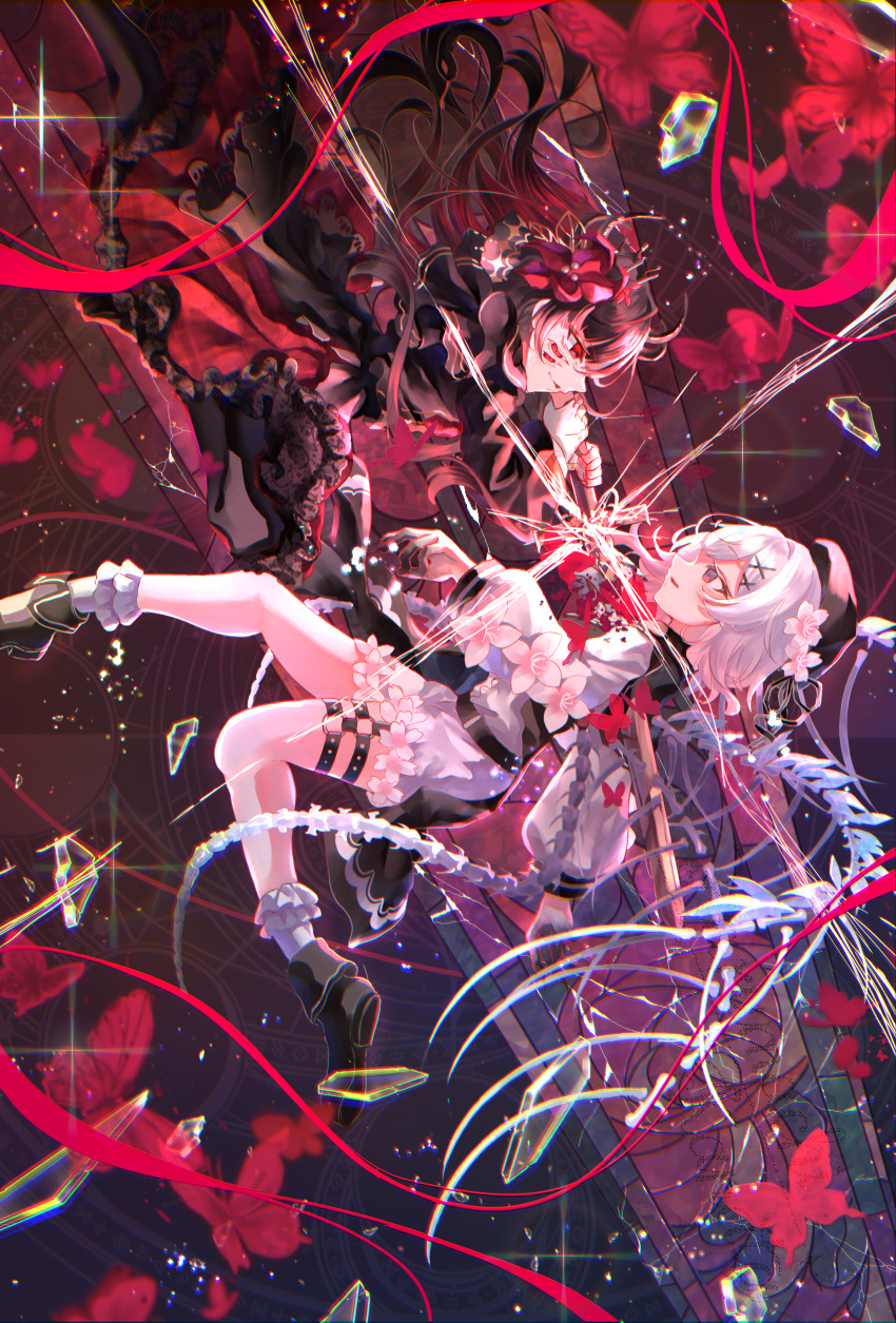 2girls, absurdres, beret, black_dress, black_hair, braid, broken_glass, bug