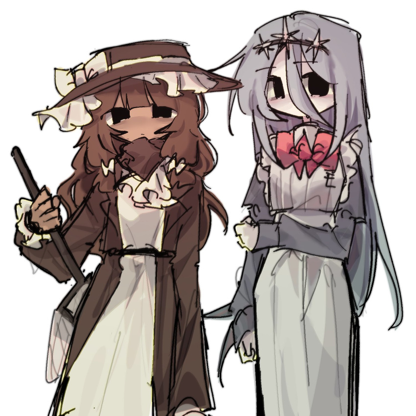 2girls, apron, arm_at_side, arm_under_breasts, ascot, belt, black_belt, black_eyes