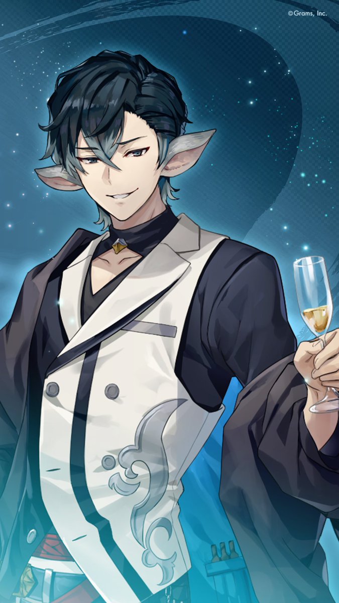 1boy, black_hair, black_vest, champagne_flute, clothing_cutout, commentary_request, company_name, cup