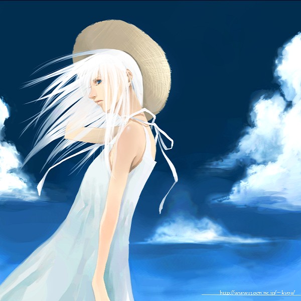 1girl, blue_eyes, blue_sky, closed_mouth, commentary_request, cowboy_shot, dress, expressionless