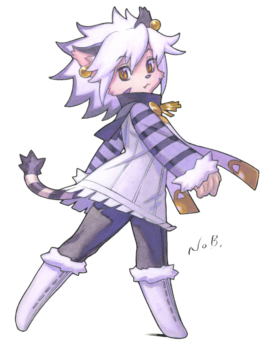 animal_ears, boots, cat_ears, earrings, elh_melizee, facial_mark, fangs, furry, highres, jewelry, long_sleeves, multicoloer_hair, multicolor_hair, multicolored_hair, official_art, solatorobo, solo, striped, tail, two-tone_hair, yellow_eyes, yuuki_nobuteru