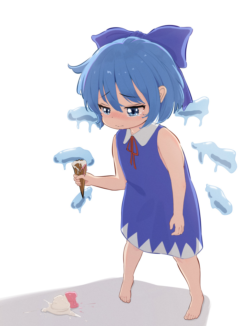 1girl, absurdres, bare_arms, bare_legs, barefoot, blue_bow, blue_dress, blue_eyes, blue_hair, blush, bow, cirno, collar, collared_dress, commentary, dress, dropped_food, esthoric, fairy, full_body, furrowed_brow, hair_bow, highres, holding, holding_ice_cream_cone, ice, ice_cream_cone, ice_wings, looking_at_food, melting_ice_cream, melting_wings, multiple_wings, neck_ribbon, red_ribbon, ribbon, short_hair, sleeveless, sleeveless_dress, solo, tearing_up, tears, toes, touhou, white_collar, wings