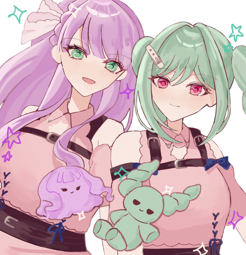 2girls, :d, animalization, aqua_hair, aspire_(love_live!), braid, closed_mouth, clothing_cutout