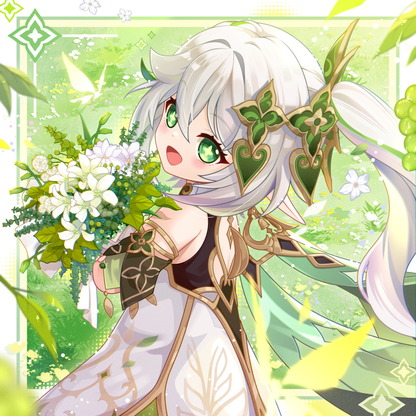 1girl, absurdres, bare_shoulders, blush, bouquet, cape, commentary_request, detached_sleeves