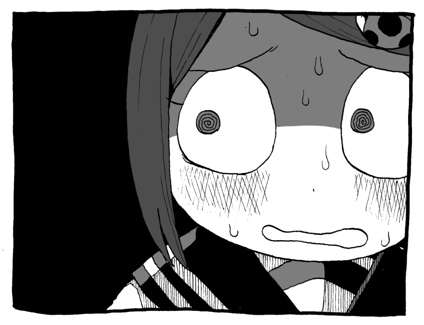 1girl, @_@, blush, greyscale, monochrome, original, school_uniform, serafuku