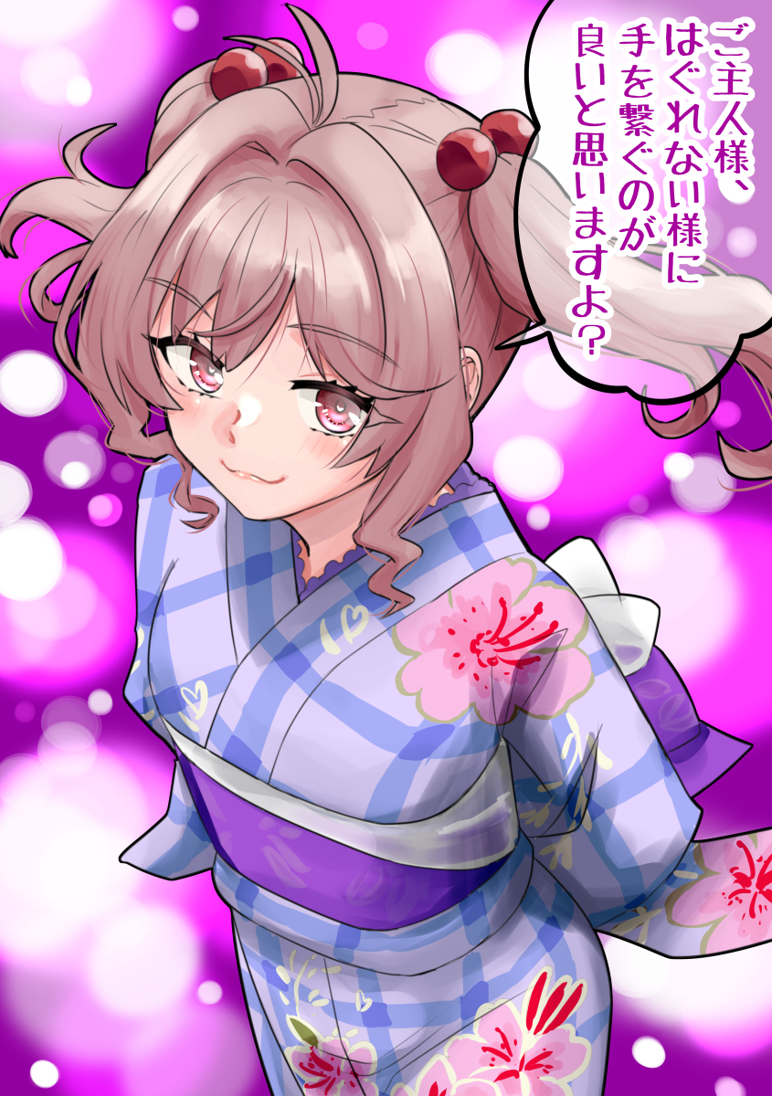 1girl, antenna_hair, arms_behind_head, commentary_request, floral_print, gingham_kimono, hair_bobbles, hair_ornament