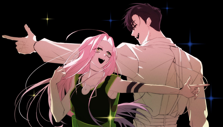 1boy, 1girl, alien_stage, armband, back_cutout, black_background, black_eyes, black_hair
