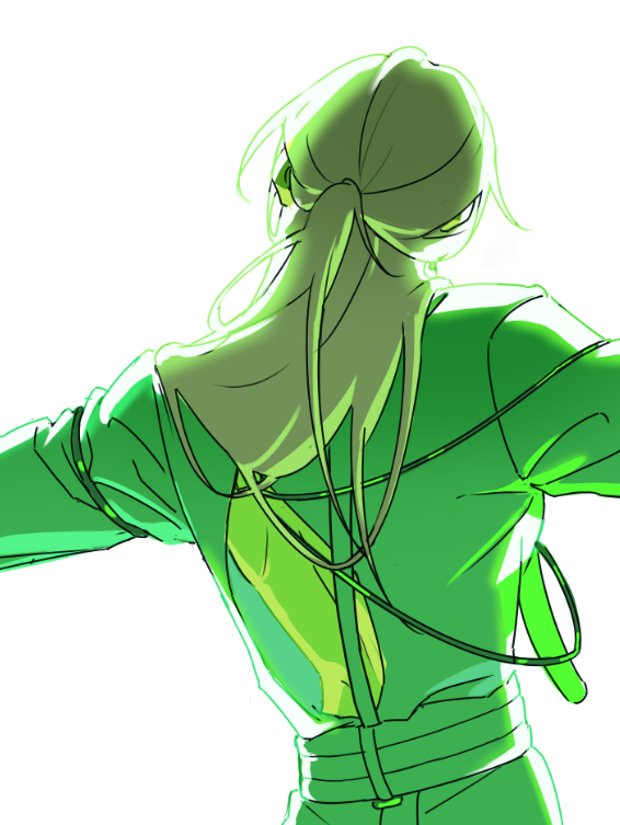 1girl, alien_stage, back_cutout, clothing_cutout, cosplay, from_behind, grey_shirt, half_updo