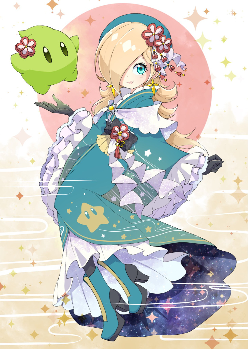 1girl, black_gloves, blonde_hair, blue_boots, blue_eyes, blue_hat, blue_kimono, boots