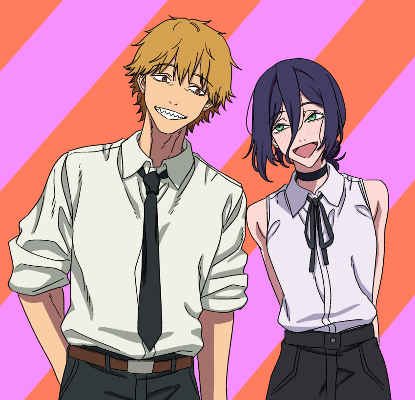 1boy, 1girl, amai_(frfs5423), black_choker, black_hair, black_necktie, blonde_hair, blush, chainsaw_man, choker, collared_shirt, denji_(chainsaw_man), diagonal-striped_background, green_eyes, highres, necktie, open_mouth, orange_eyes, pants, reze_(chainsaw_man), sharp_teeth, shirt, short_hair, sleeveless, sleeveless_shirt, smile, striped_background, teeth, white_shirt