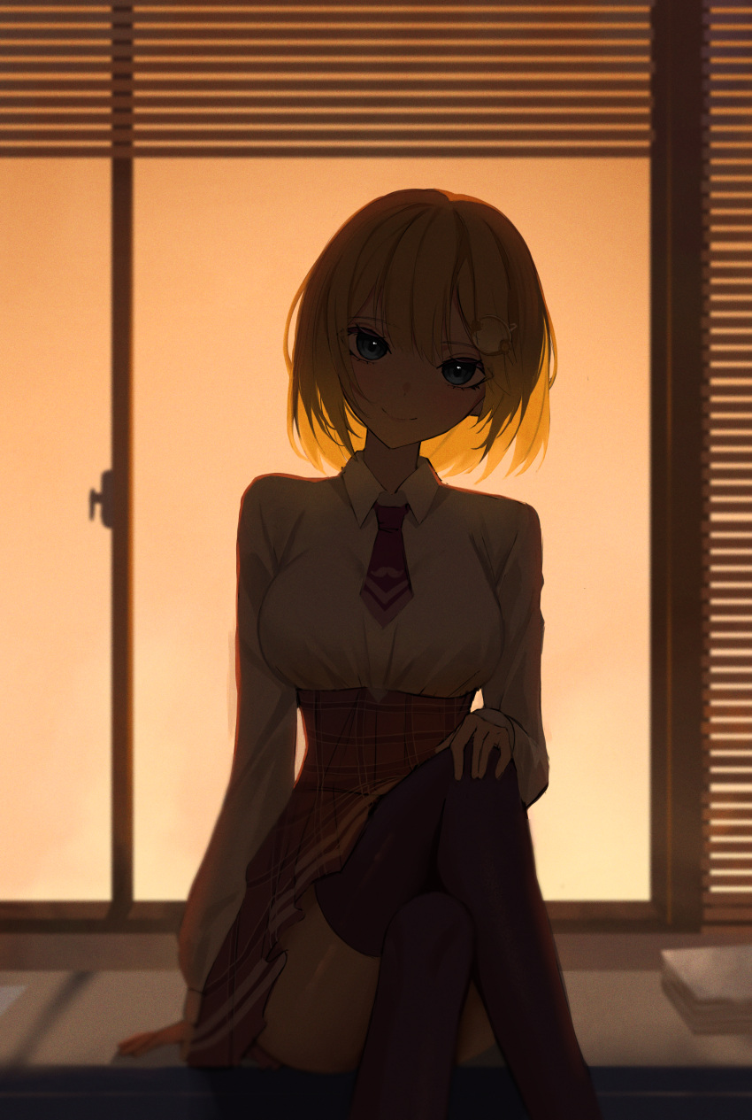 1girl, absurdres, black_thighhighs, blonde_hair, blue_eyes, blurry, blurry_background, bob_cut