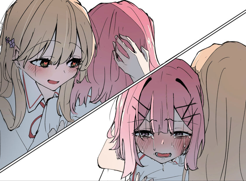 amaori_renako, blush, brown_hair, flower_hairpin, hair_ornament, hand_on_another's_head, heart, heart-shaped_pupils, highres, hug, nobunaga_(nbng_g), pink_hair, sena_ajisai, symbol-shaped_pupils, tears, watashi_ga_koibito_ni_nareru_wake_naijan_murimuri!, x_hair_ornament