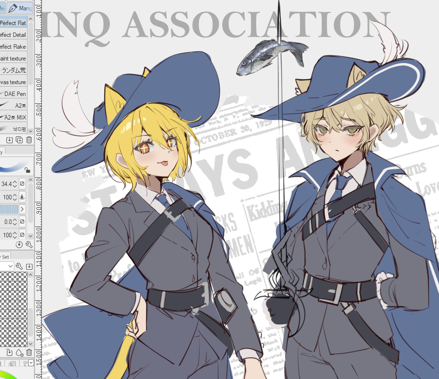 7011yu, animal_ears, arm_behind_back, belt, black_coat, blonde_hair, blue_cape, blue_hat
