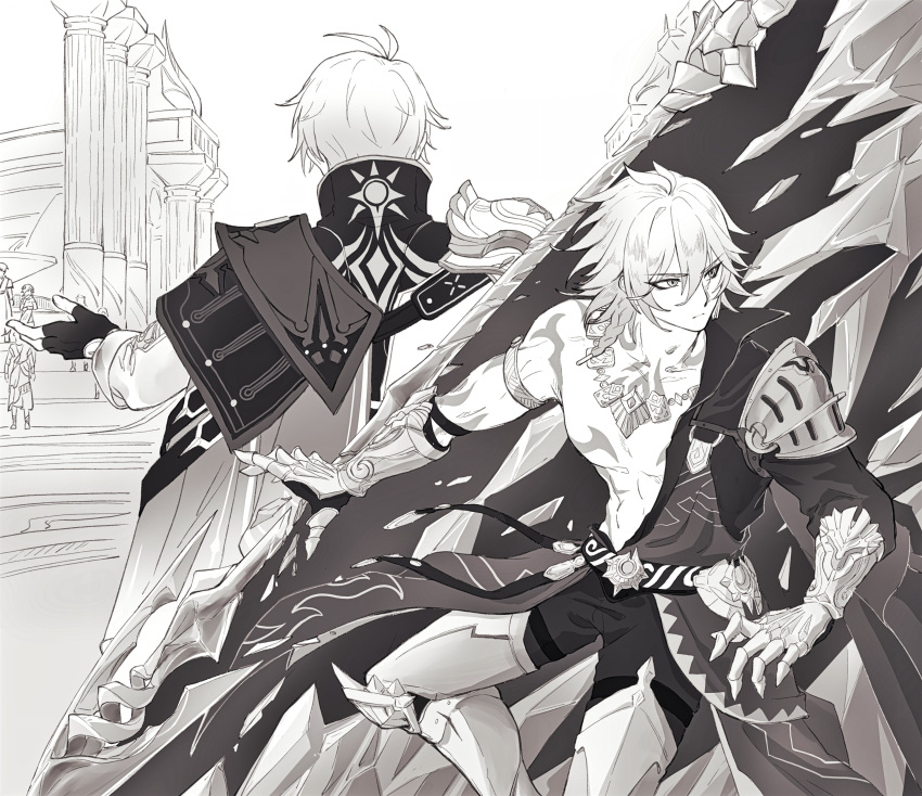 2boys, absurdres, antenna_hair, arm_tattoo, armor, black_coat, black_gloves, black_shirt