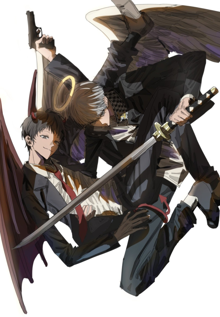 2boys, adachi_tooru, angel_and_devil, angel_wings, beretta_92, black_hair, black_jacket, black_pants