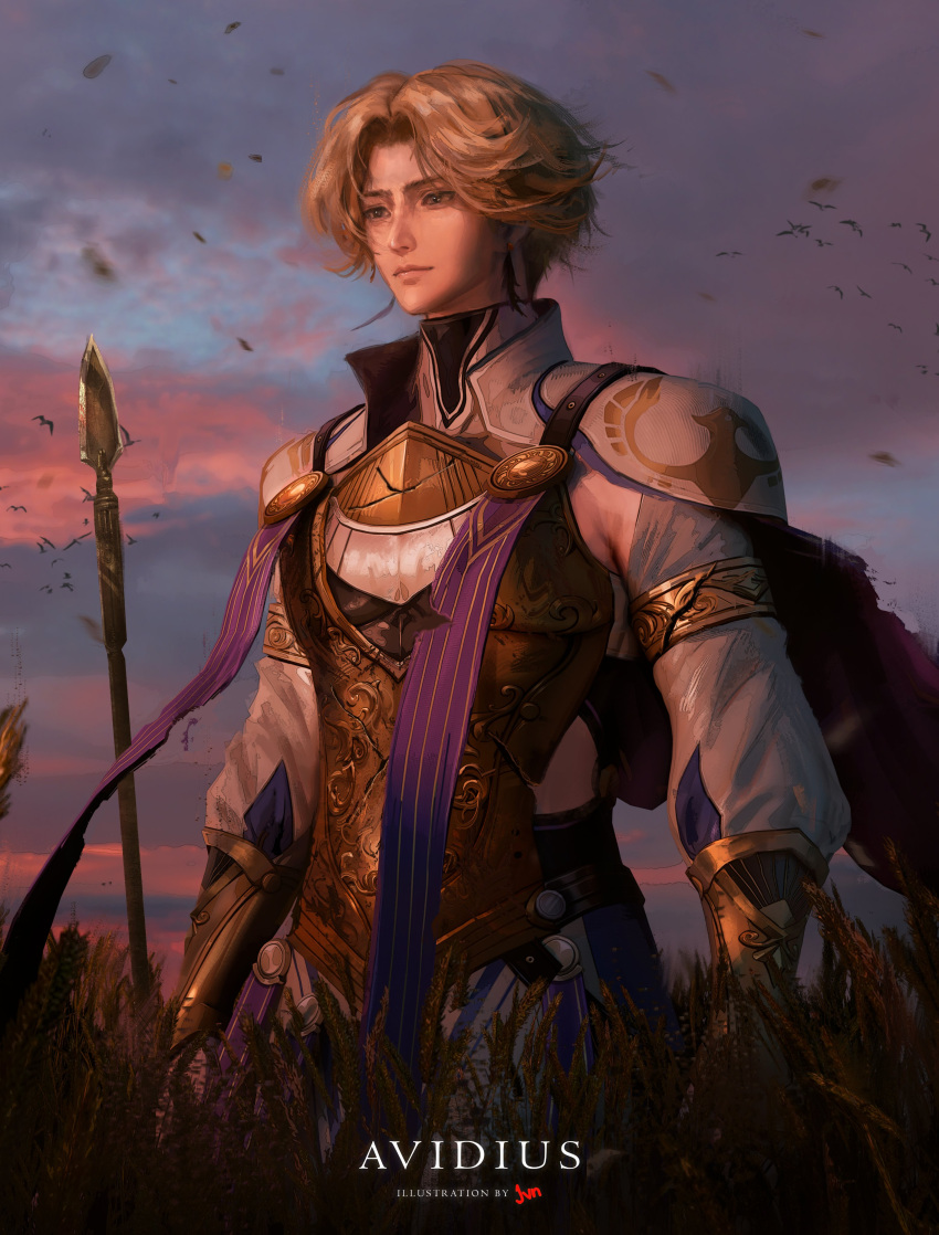 1boy, absurdres, arm_armor, armor, artist_name, avidius_(wuthering_waves), blonde_hair, blue_eyes, breastplate, cape, character_name, closed_mouth, commentary, earrings, english_commentary, feather_earrings, feathers, highres, jewelry, jvn, long_sleeves, looking_ahead, male_focus, outdoors, planted, planted_polearm, polearm, purple_cape, short_hair, solo, spear, title, weapon, wuthering_waves