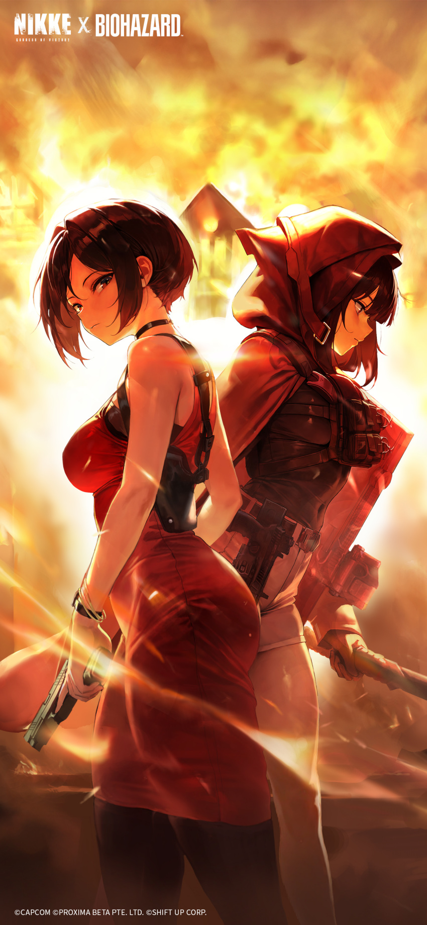2girls, absurdres, ada_wong, axe, black_gloves, black_hair, black_pantyhose, bracelet