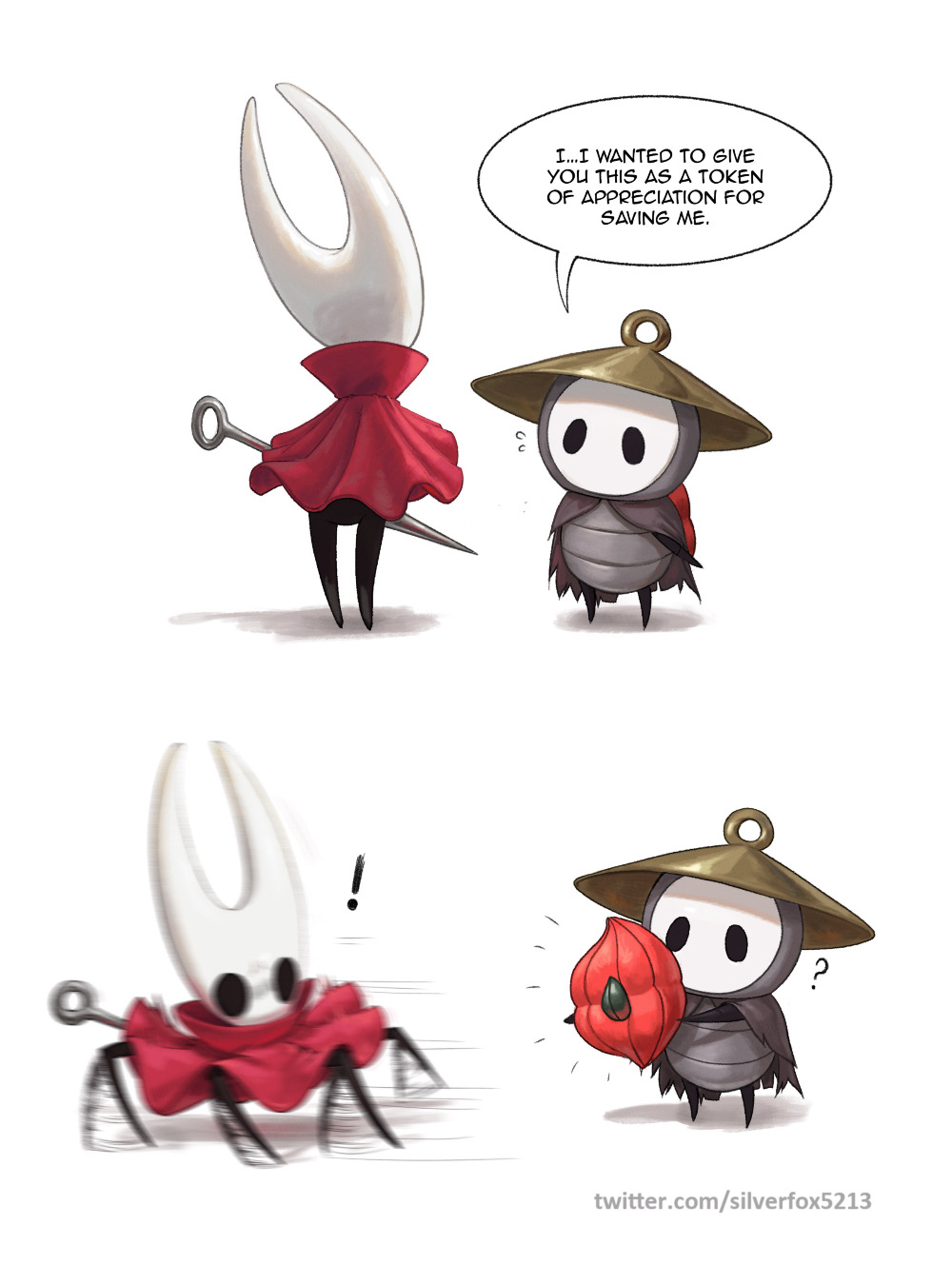 1boy, 1girl, arthropod_girl, artist_name, black_eyes, black_skin, cape, cloak, colored_skin, full_body, hat, highres, holding, hollow_eyes, hollow_knight, hollow_knight:_silksong, hornet_(hollow_knight), horns, needle_(hollow_knight), red_cloak, scared, sherma_(hollow_knight), silverfox5213, simple_background, standing, weapon