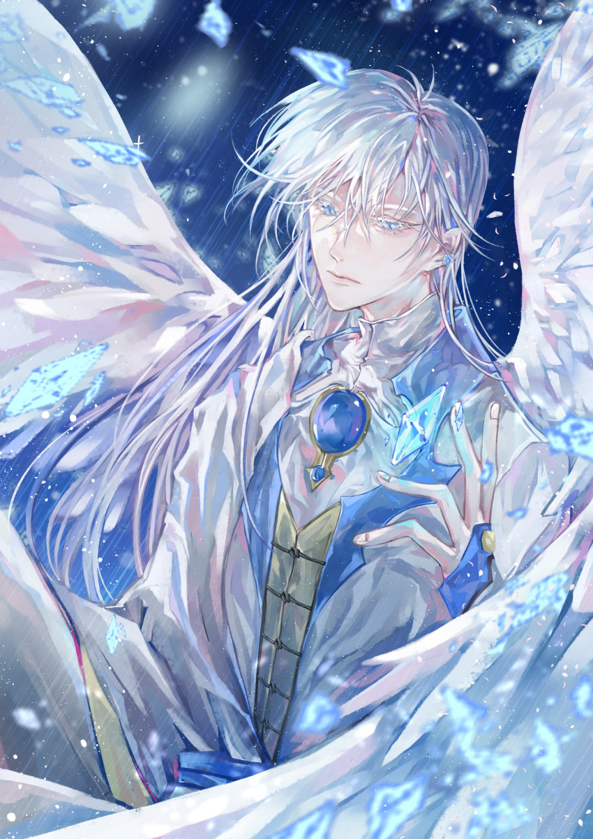 1boy, absurdres, angel_wings, blue_background, blue_eyes, blue_gemstone, cardcaptor_sakura, chashuimeifiom