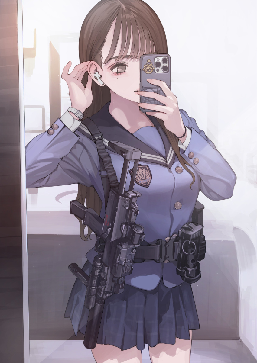 1girl, absurdres, adjusting_hair, badge, belt, black_eyes, black_hair, blue_shirt
