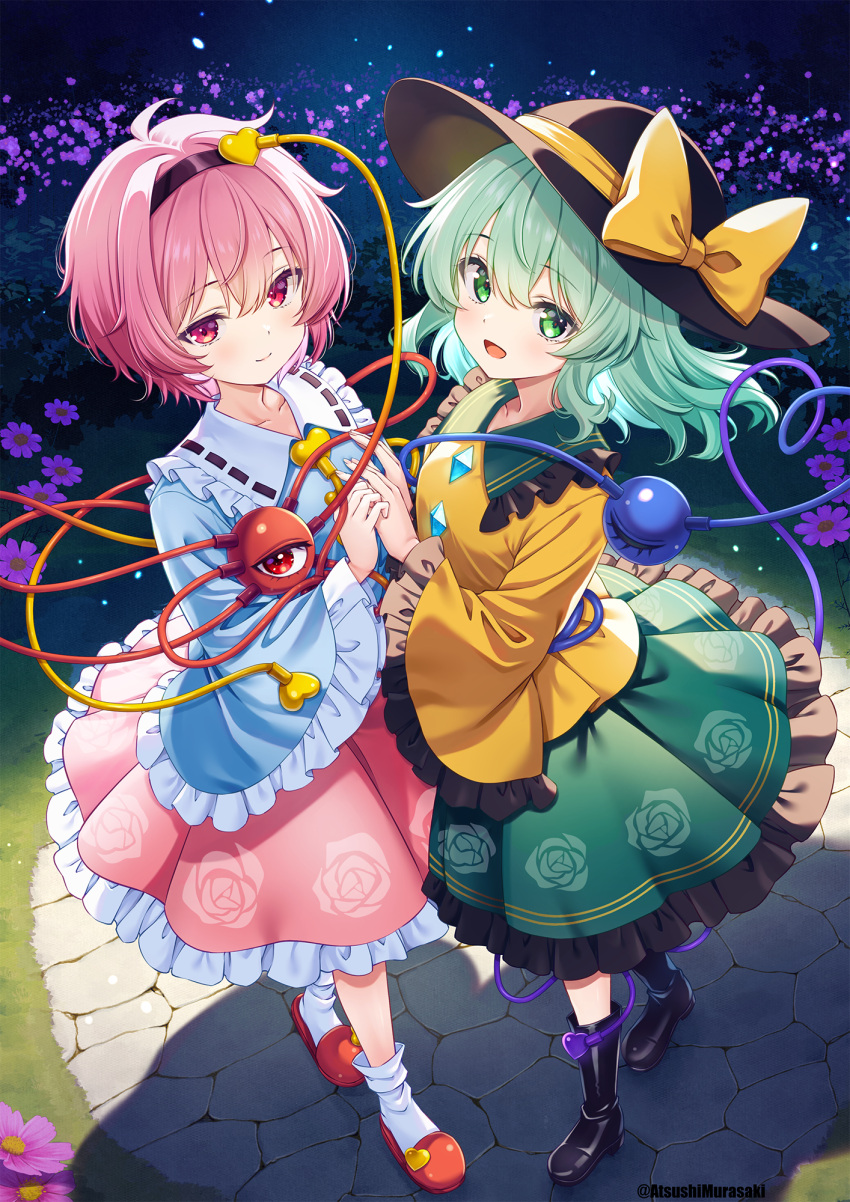 2girls, black_boots, black_hat, blue_shirt, blush, boots, buttons, commentary_request