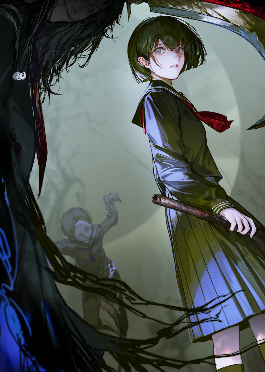 1girl, absurdres, black_hair, black_shirt, black_skirt, commentary, dooduck, dutch_angle