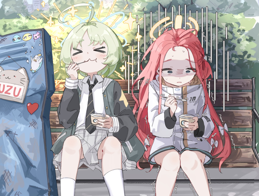 >_<, 2girls, :3, ahoge, bench, blue_archive, commentary, cup