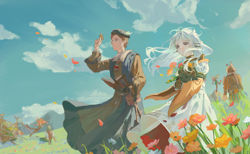 1boy, 1girl, 3boys, 3girls, absurdres, beret, black_gloves, black_hat, black_robe, blue_eyes, book, brown_eyes, brown_hair, brown_robe, brown_vest, charles_holt, charles_holt_(aviatorus), clouds, cloudy_sky, dress, expressionless, field, floating_clothes, floating_hair, flower, flower_field, gloves, hat, hat_feather, highres, holding, holding_book, holding_flower, identity_v, jewelry, lily_barriere, lily_barriere_(congretator), louis_(identity_v), matthias_czernin, matthias_czernin_(lignarius), memory_(compasso)_(identity_v), memory_(identity_v), monocle, mountain, multicolored_robe, multiple_boys, multiple_girls, necklace, orange_sleeves, orpheus_("genesis")_(identity_v), orpheus_(identity_v), puffy_sleeves, robe, scenery, shirt, single_glove, sitting, sky, tate_mm, vest, violetta_(arachnidopter)_identity_v, violetta_(identity_v), wavy_hair, white_dress, white_hair, white_shirt, wide_sleeves
