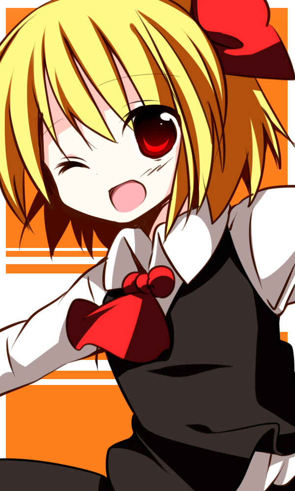 ascot, blonde_hair, hair_ribbon, horon, open_mouth, outstretched_arms, red_eyes, ribbon
