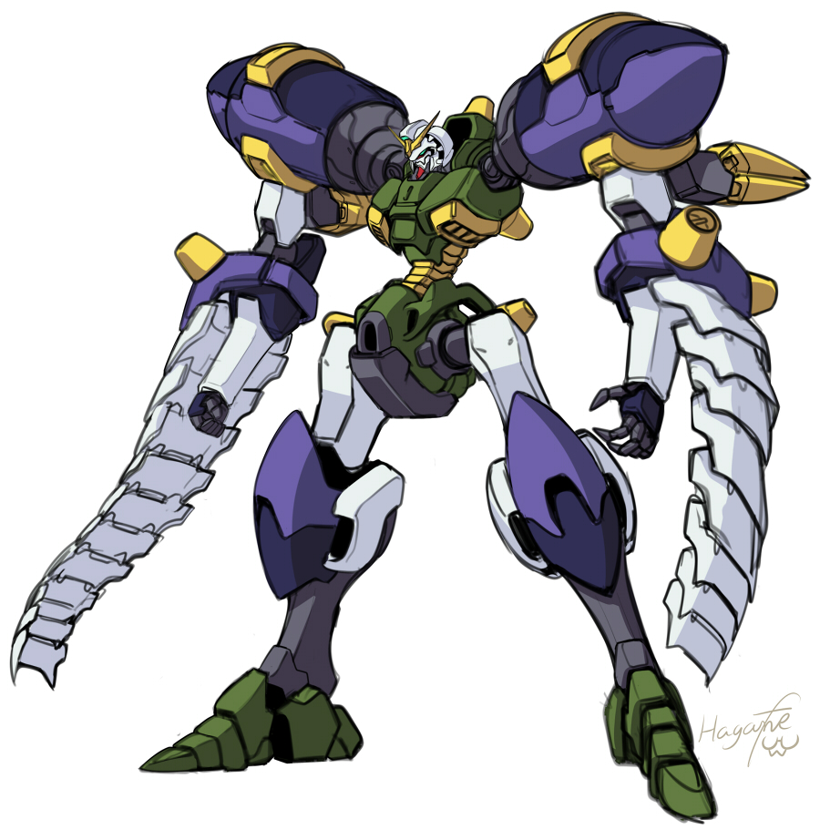 alternate_form, artist_name, clawed_hands, clenched_hand, commentary, fang, g_gundam, green_eyes