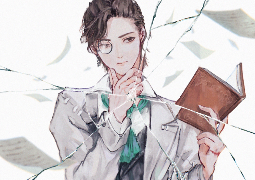 1boy, ascot, black_vest, book, brown_eyes, brown_hair, crack, cracked_glass