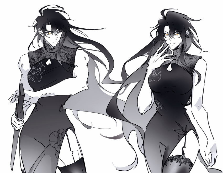 2girls, above-cleavage_cutout, absurdres, black_dress, black_hair, black_thighhighs, breasts, clothing_cutout