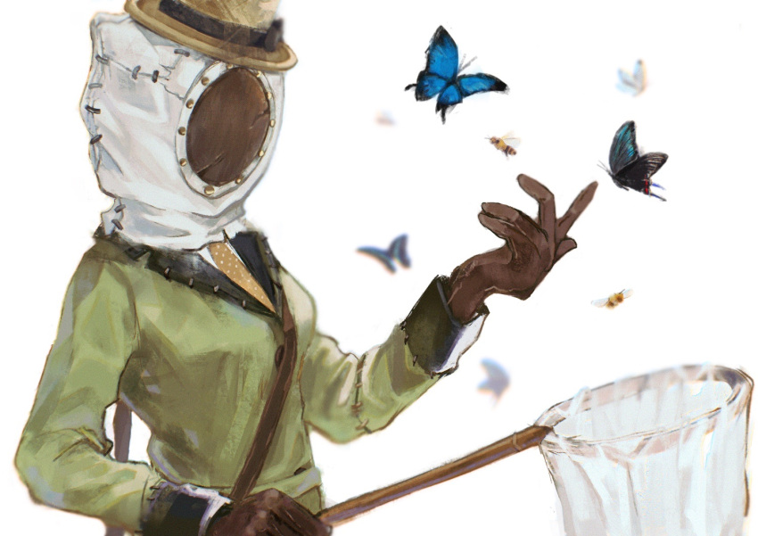 1girl, bee, beekeeping_hat, blue_butterfly, brown_gloves, bug, butterfly, butterfly_net