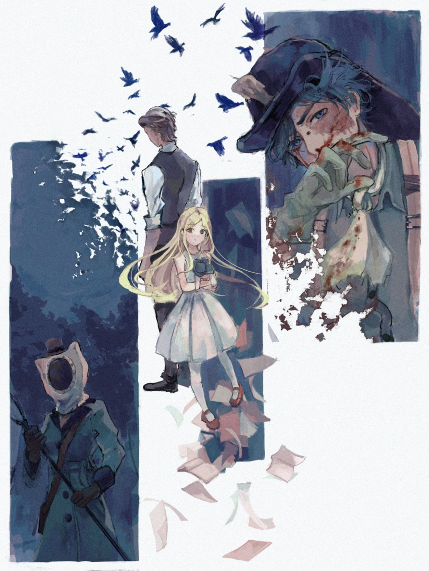 2boys, 2girls, ascot, beekeeping_hat, bird, black_hair, black_vest, blonde_hair