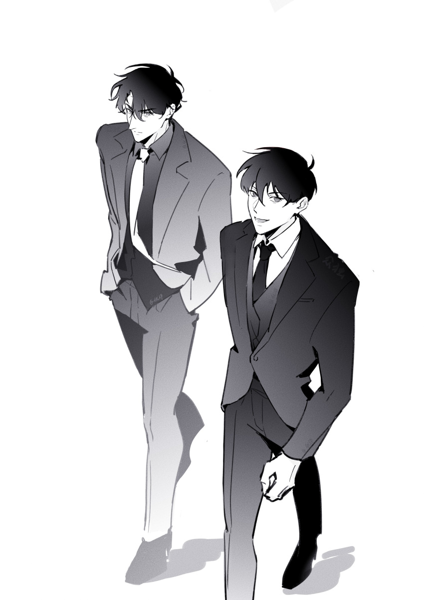 2boys, absurdres, black_coat, black_hair, black_necktie, black_shirt, black_suit, black_vest, clenched_hand, coat, collared_shirt, formal_clothes, from_above, full_body, grin, hands_in_pockets, highres, kim_dokja, looking_at_viewer, multiple_boys, necktie, omniscient_reader's_viewpoint, shirt, short_hair, smile, suit, vest, walking, white_necktie, white_shirt, yoo_joonghyuk, youyi494050