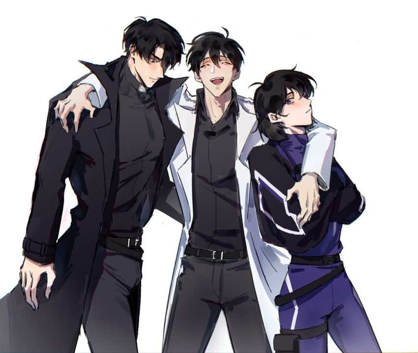 1girl, 2boys, arm_around_back, arm_around_neck, belt, black_coat, black_eyes, black_shirt