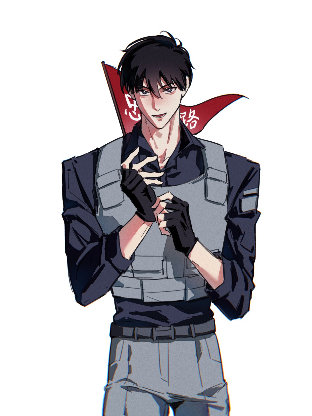 1boy, adjusting_clothes, adjusting_gloves, aegyo_sal, black_eyes, black_gloves, black_hair, black_shirt