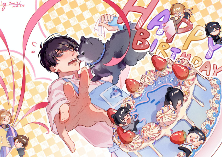 1boy, animal, apron, black_eyes, black_hair, blue_apron, cake, character_doll