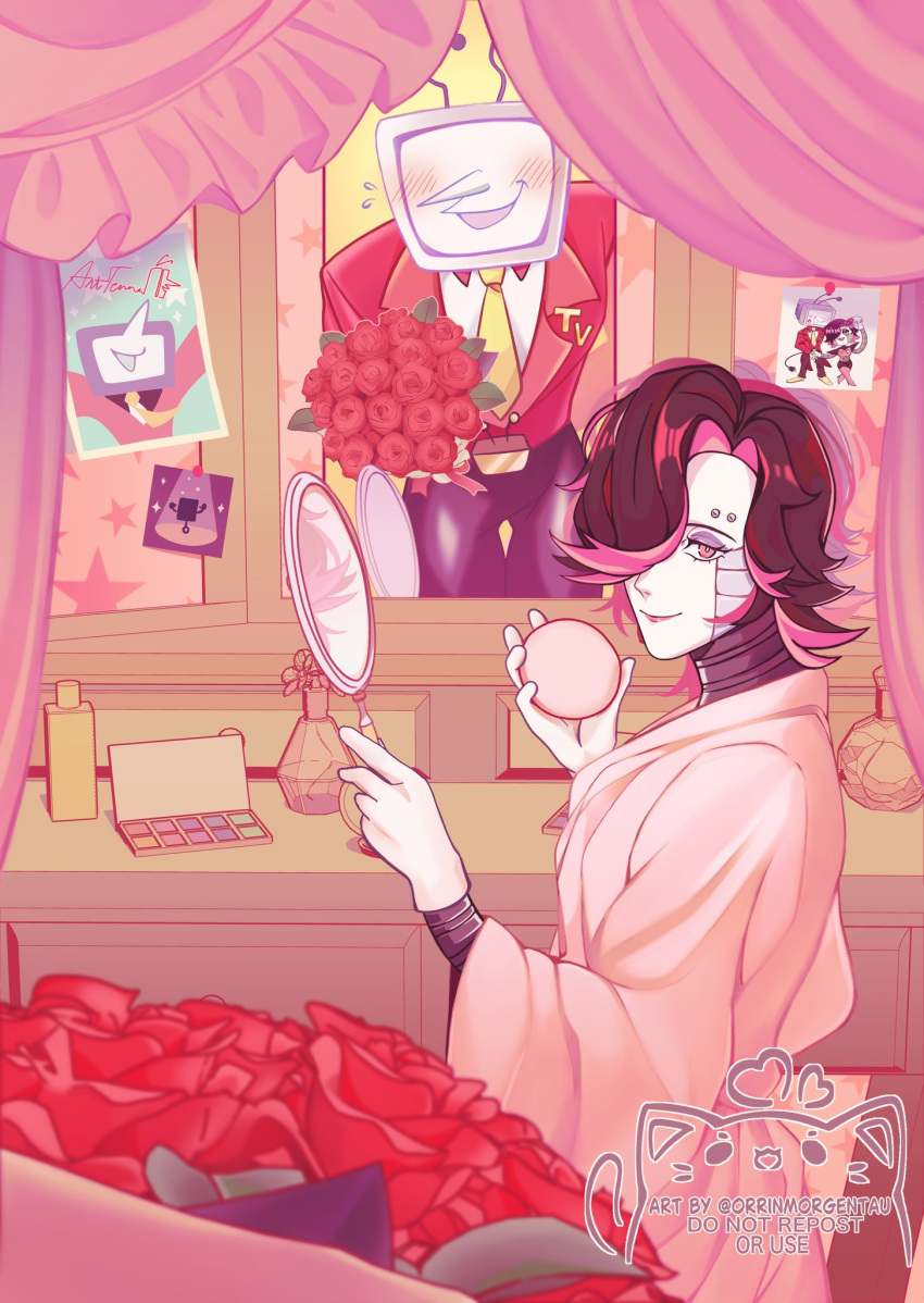 2boys, ant_tenna, belt_buckle, black_hair, black_pants, blush, bottle, bouquet