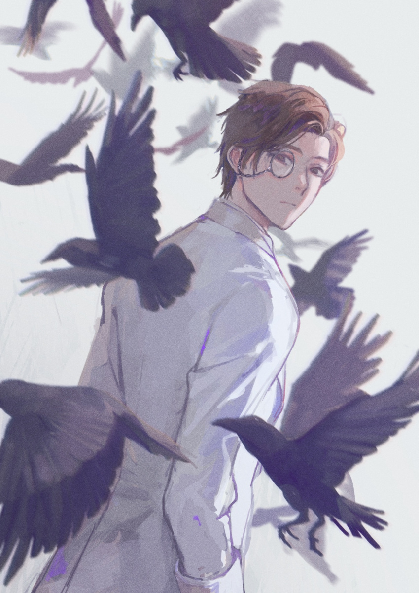 1boy, bird, brown_eyes, brown_hair, crow, expressionless, hair_slicked_back, highres