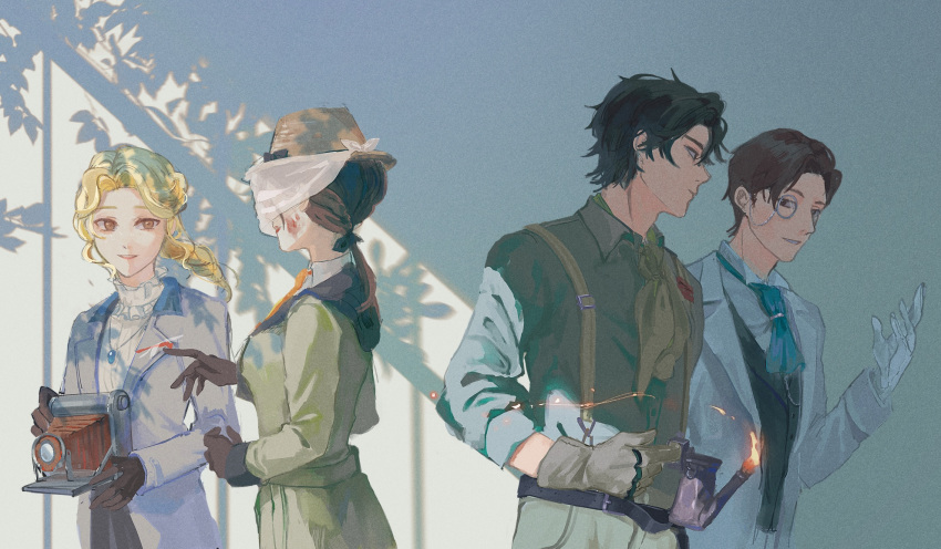 2boys, 2girls, alice_deross, ascot, belt, black_belt, black_gloves, black_hair